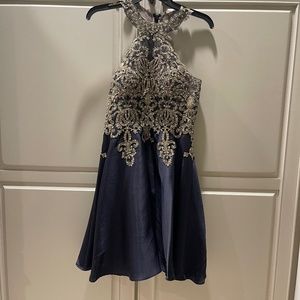 Xscape Navy & Gold Dress - Size 8